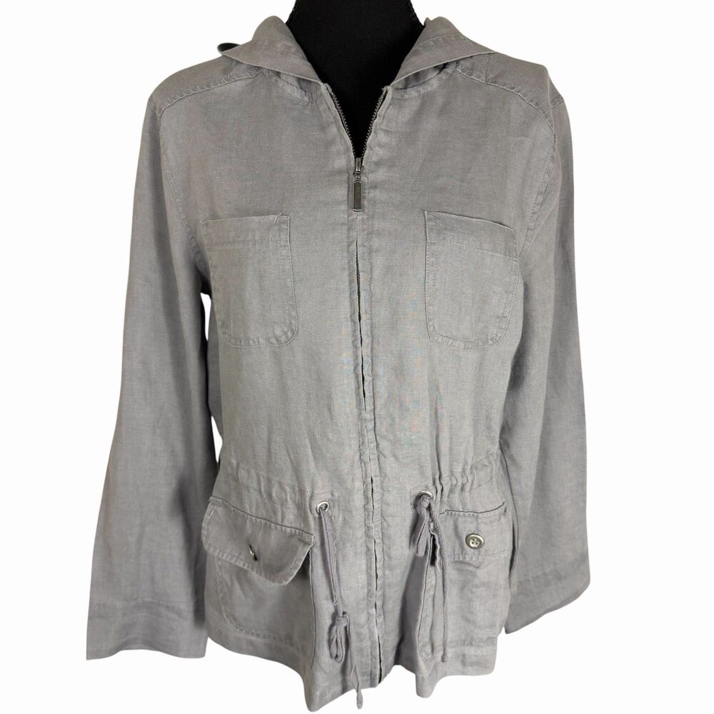 100% Linen Gray Hooded Zip Up Jacket Women's Medium Lightweight Pockets Coastal